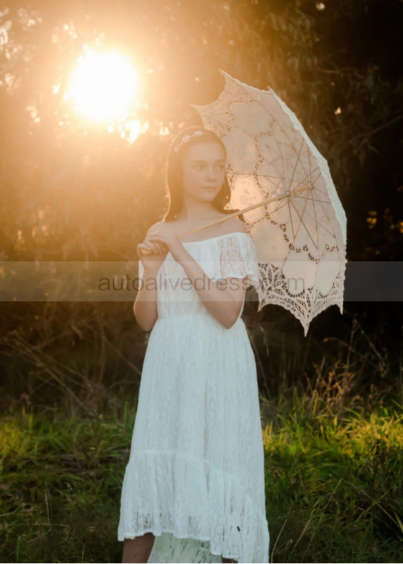 Off Shoulder Ivory Boho Lace Flower Girl Dress